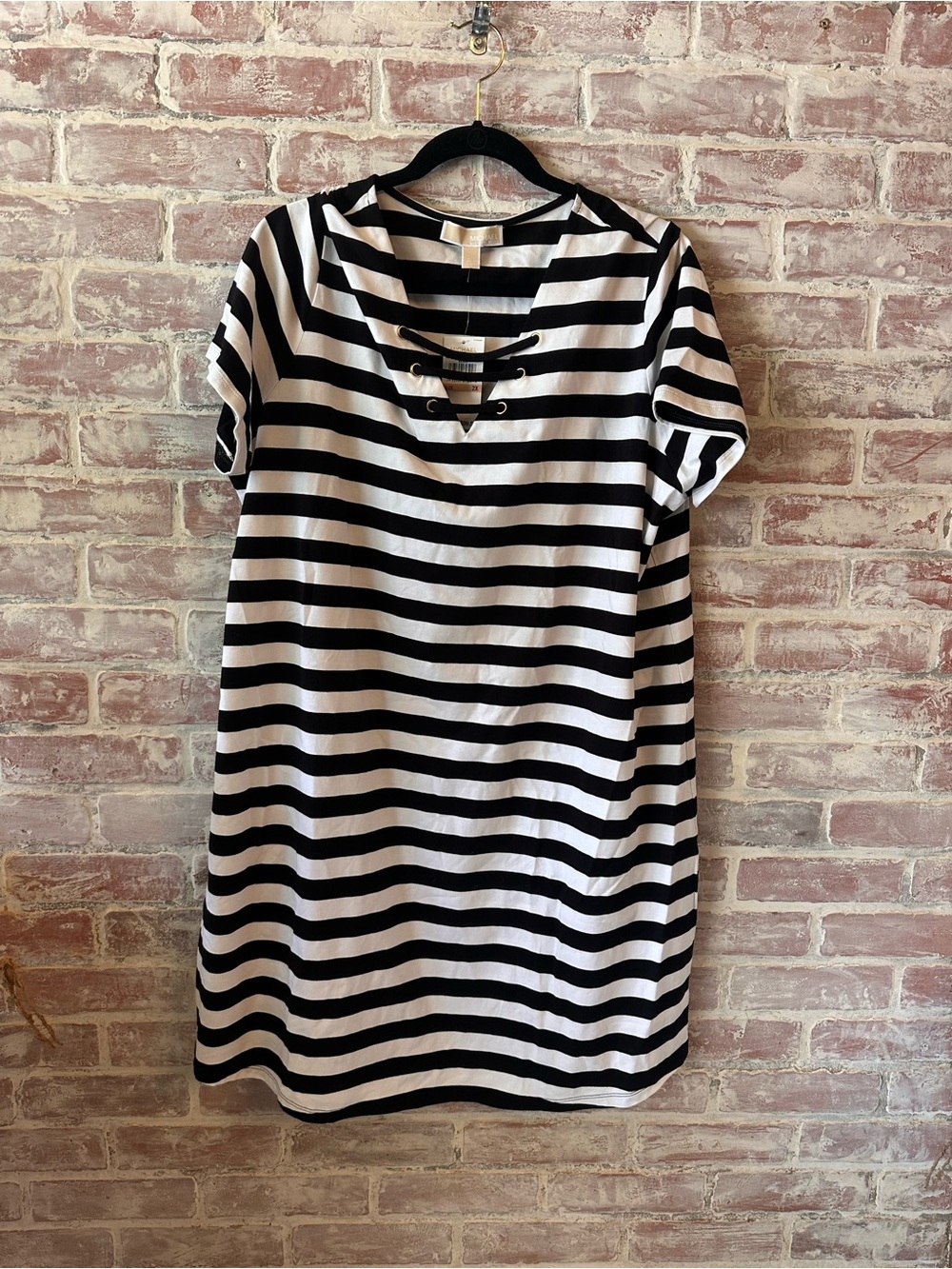 Michael Kors Black and White Striped Short Sleeve Lace-Up Dress